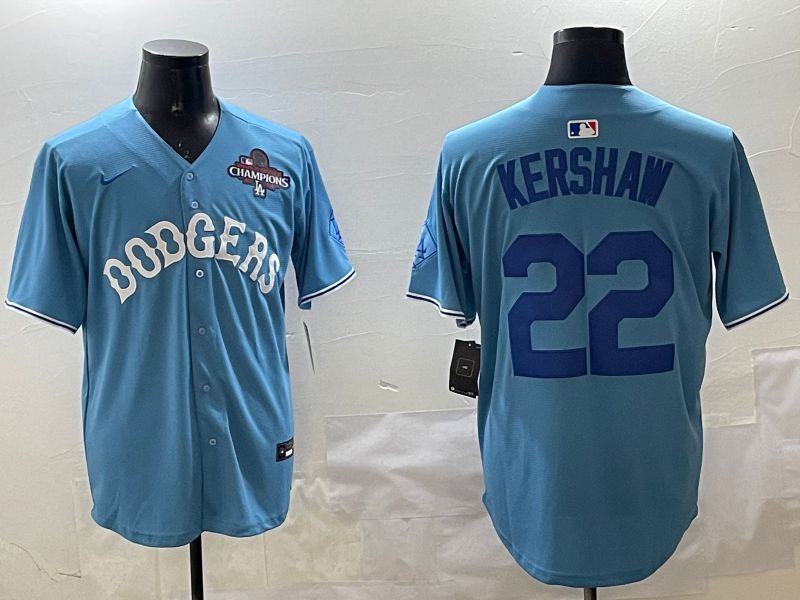 Men Los Angeles Dodgers #22 Kershaw Light Blue Joint Name 2025 Nike MLB Jersey style 16